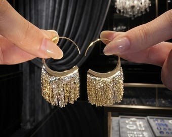 Goldene Quasten-Creolen, funkelnde Fransen-Ohrhänger für Damen, Statement-Ohrringe für Partys, goldene und silberne Wasserfall-Ohrhänger – das perfekte Geschenk!