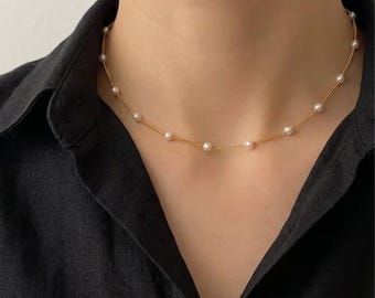 Collar delicado de perlas de agua dulce y cadena de oro, joyería minimalista para bodas, gargantilla de perlas para uso diario, collar minimalista.