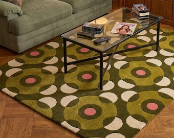 Alfombra geométrica retro, alfombra verde tejida a mano, alfombra moderna de mediados de siglo para sala de estar, alfombra abstracta verde oliva, alfombra escandinava para el suelo
