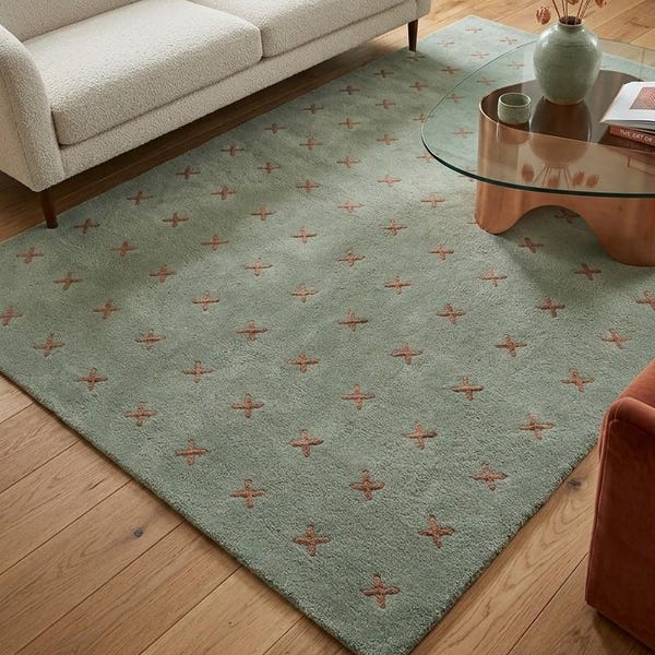 Sage Green Cross Pattern Area Rug, Hand Tufted Textured Wool Carpet, Modern Minimalist Living Room Decor, Abstract Plus Sign Floor Carpet.