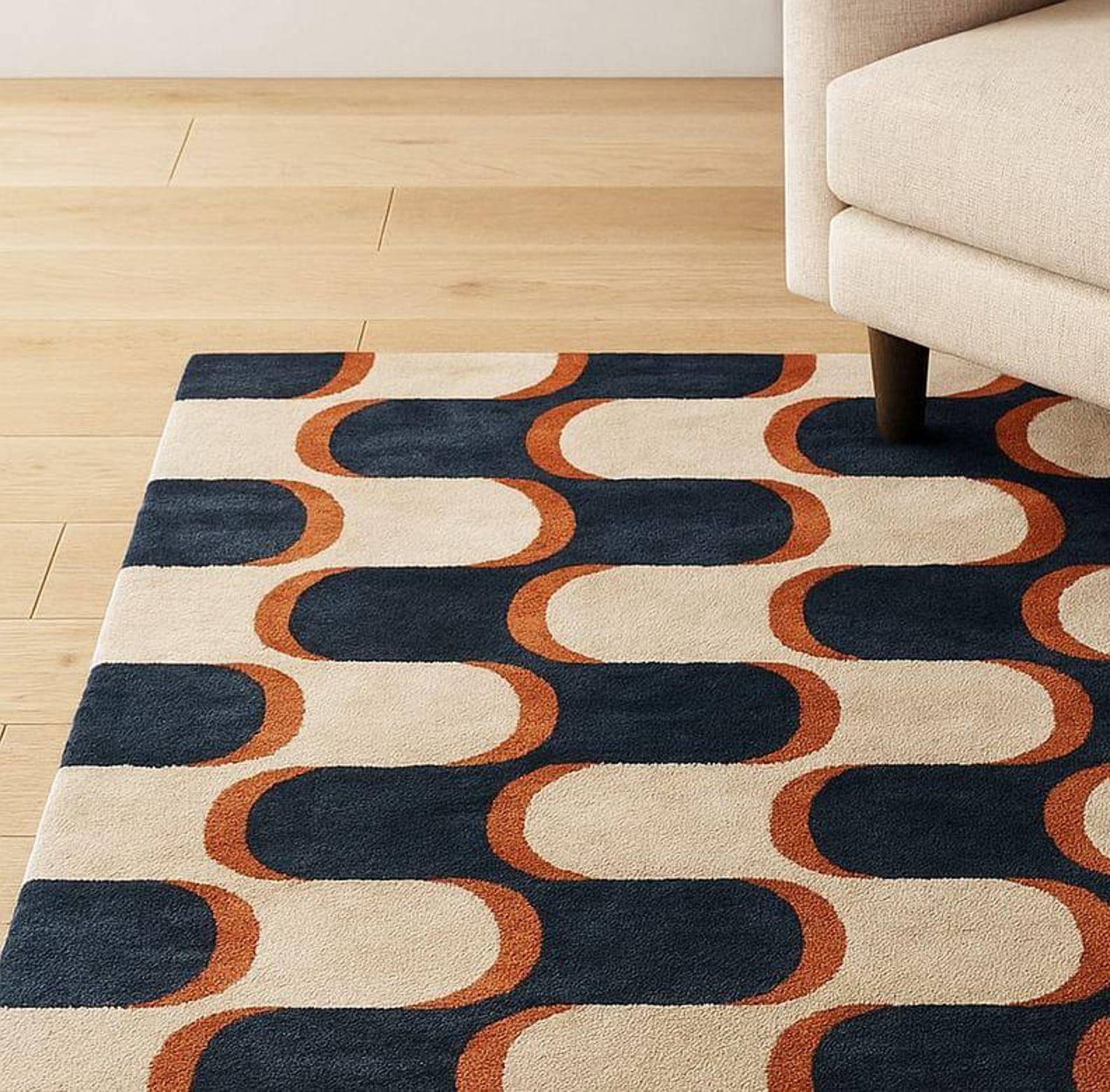 Retro Sunset Rug Mid Century Modern Retro Wave Area Rug – Navy Blue & Orange Geometric ...