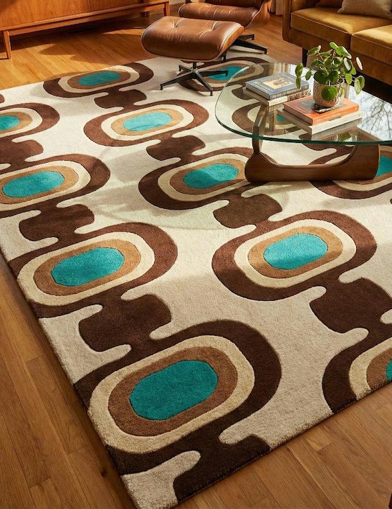 Mid Century Modern Retro Rug, 70s Scandinavian Geometric Area Rug, Brown Teal Abstract Wool Rug, Hand Tufted Living Room Carpet