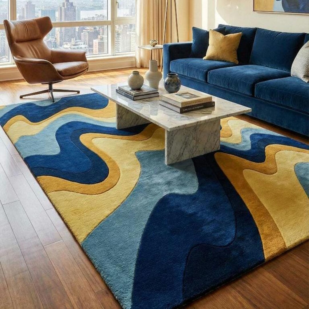 Abstract Hand Tufted Wool Rug | Blue & Mustard Modern Area Rug | Luxury ...