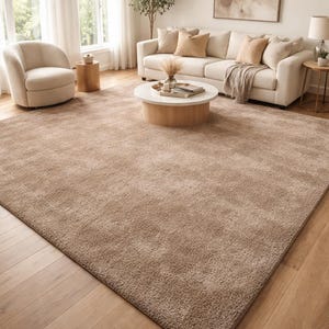 Puede incluir: Un salón luminoso con una gran alfombra beige, un sofá blanco y una mesa de centro redonda. La habitación está inundada de luz natural. La alfombra mide aproximadamente 244 x 305 cm, creando un ambiente cálido y acogedor.