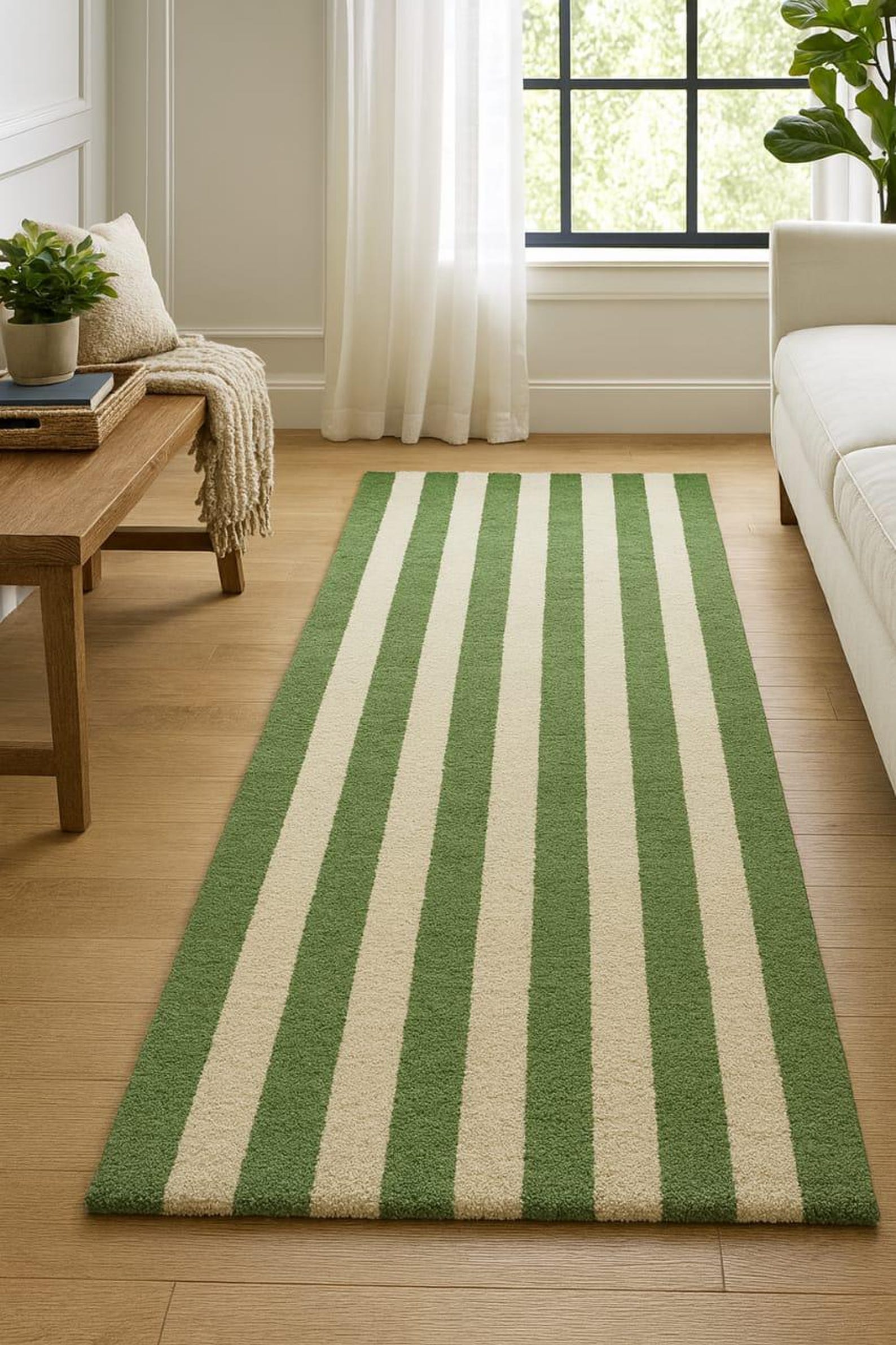 Luxury Green & Cream Striped Wool Runner – Modern Hand-tufted ...