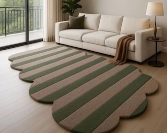 Alfombra de rayas con borde festoneado, moderna alfombra verde beige, alfombra de lana hecha a mano, alfombra minimalista para sala de estar, decoración estética del hogar.