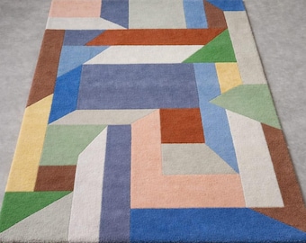Handmade Wool Area Rug, Abstract Geometric Color Block, Modern Carpet