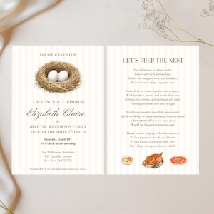 Op de afbeelding: Een uitnodiging van twee pagina's voor een nestfeest, met een nest met twee eieren en tekst. De uitnodiging is voor Elizabeth Claire en de familie Widdowson, die zich voorbereiden op hun tweede kind. Inclusief RSVP-informatie.