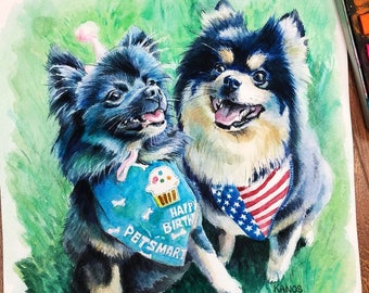 カスタム水彩画 2匹のペットの肖像画：パーソナライズされた犬の絵画