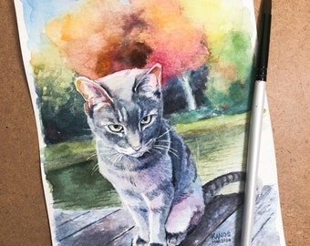 Custom 1 Cat Portrait Watercolor painting made to order, Favorite pet personalized art paintings from photo, Gift, memory, handpainting