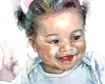May include: A watercolor painting of a young child wearing a light blue shirt and a white headband with pink cat ears. The child has dark hair and brown eyes and is smiling.