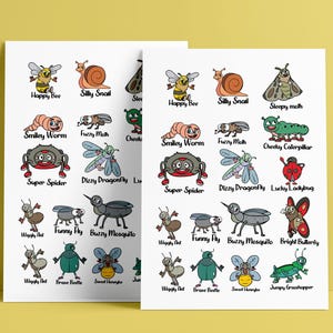 Cute Cartoon Insects Sticker Sheet for Kids | Printable Bug Stickers PNG JPEG | Fun Educational Nature Stickers for Journals & Crafts