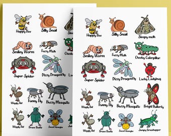 Cute Cartoon Insects Sticker Sheet for Kids | Printable Bug Stickers PNG JPEG | Fun Educational Nature Stickers for Journals & Crafts