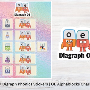 May include: A sheet of colorful stickers featuring the "OE" digraph from Alphablocks. The stickers include the text "Diagraph OE" and various Alphablocks characters. The background has a holographic effect.