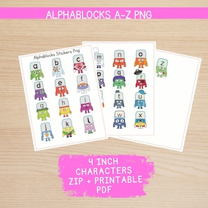 Puede incluir: Tres hojas de papel con coloridos personajes de Alphablocks, cada uno representando una letra del alfabeto. La imagen incluye el texto "ALPHABLOCKS A-Z PNG" y "4 INCH CHARACTERS ZIP + PRINTABLE PDF". Los personajes miden aproximadamente 10 cm de altura.