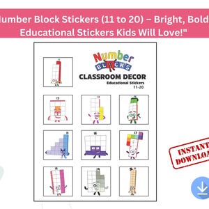 NumberBlocksステッカー11-20。数学学習、印刷可能な数字ステッカー、11から20の学習ステッカー、教育的なカウント、カウントアクティビティ