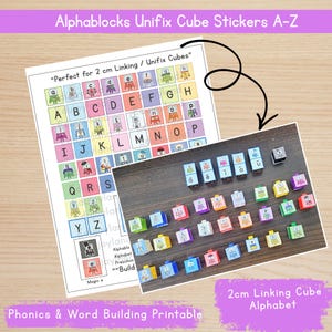 Peut inclure: Une feuille imprimable et des autocollants de cubes Unifix avec les lettres de l'alphabet et les personnages d'Alphablocks. Les cubes mesurent 2 cm. Le texte "Phonics & Word Building Printable" est également présent.