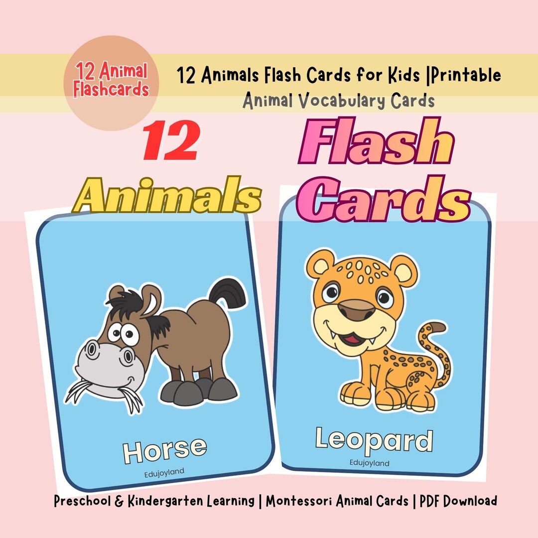 12 Animals Flash Cards for Kids |printable Animal Vocabulary Cards ...