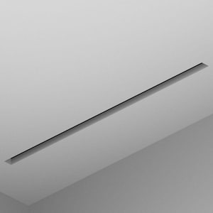 Könnte beinhalten: Ein eingelassener linearer Lichtkanal, der bündig in eine glatte, mattweiße Deckenoberfläche eingebaut ist. Die Leuchte verfügt über eine lange, schmale, rechteckige Öffnung, die eine scharfe, dunkle Schattenlinie an der Decke erzeugt.
