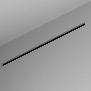 May include: A monochrome image showing a wall and ceiling with a linear black recess. The dark line is set into the light grey wall, creating a stark contrast. The image highlights a minimalist architectural detail, with clean lines and a simple aesthetic.