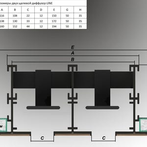 Puede incluir: Diagrama de un difusor de doble ranura LINE negro, con dimensiones en mil&iacute;metros. El diagrama incluye medidas para A, B, C, D, E, G y H, y el texto "Гипсокартон 12 мм".