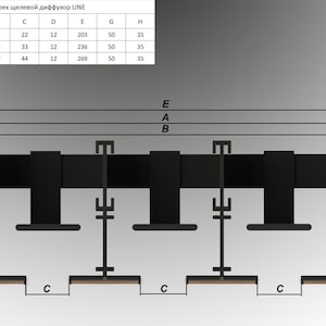 Puede incluir: Dibujo t&eacute;cnico de un sistema de difusor lineal negro con dimensiones en mil&iacute;metros. El diagrama incluye medidas para varios componentes, etiquetados de la A a la H, y una tabla con especificaciones para diferentes tama&ntilde;os de difusores.