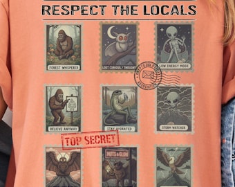 Respect the Locals Shirt, Vintage Cryptid Stamp Tshirt,  Bigfoot Mothman Alien Tee, Gift for Cryptid Lovers, Comfort Colors, Unisex Tee