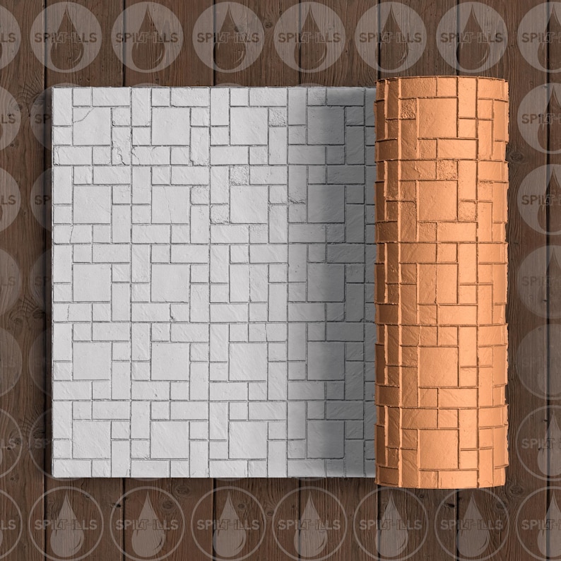 May include: A rolled-up, textured, copper-colored cylinder next to a flat, white, square surface. Both have a brick-like pattern. The background is a wooden surface with a repeating logo.