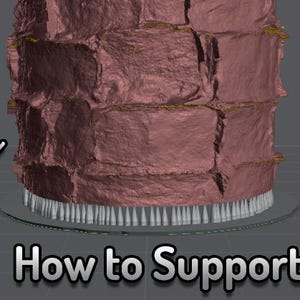 May include: A cylindrical structure with a rough, reddish-brown exterior, possibly resembling stacked stones. The base features numerous white, needle-like supports. Text reads "It's This Easy" and "How to Support".