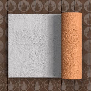 May include: A rectangular, textured white surface is partially rolled to reveal a cylindrical, textured orange surface. The surfaces have a rough, granular appearance. The background is a wooden pattern with a repeating logo.
