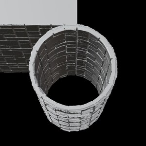 May include: A gray, cylindrical structure with a brick-like pattern, possibly a well or a similar architectural element. The design features a circular opening and a textured surface, set against a black background.
