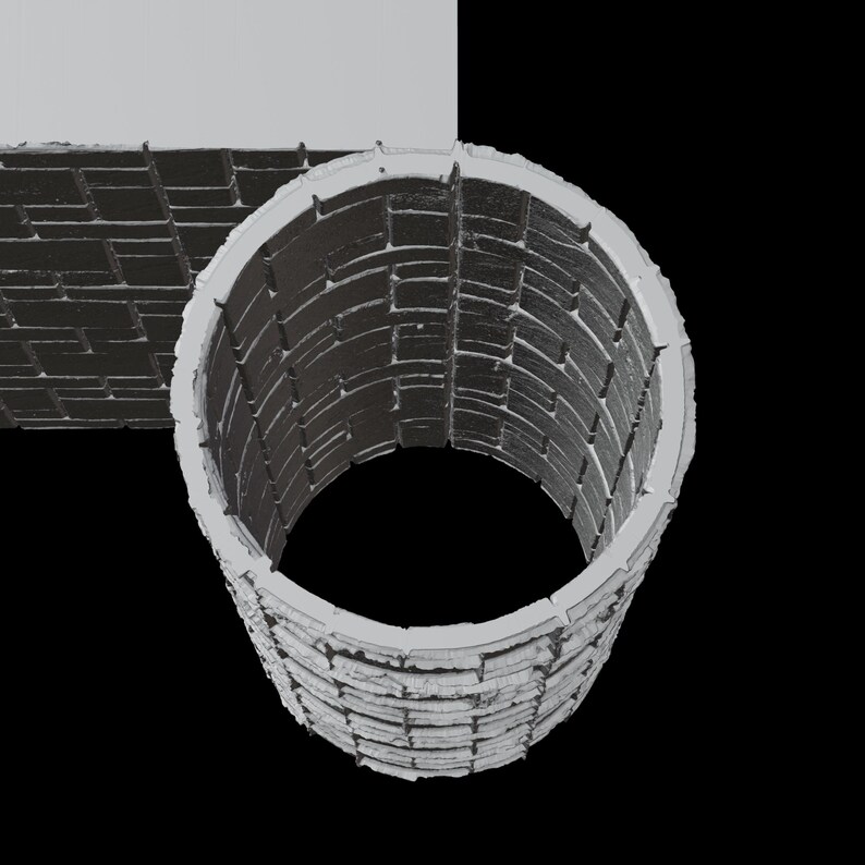 May include: A gray, cylindrical structure with a brick-like pattern, possibly a well or a similar architectural element. The design features a circular opening and a textured surface, set against a black background.