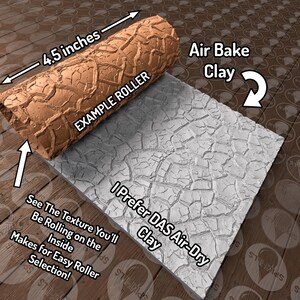 May include: A brown textured roller, 4.5 inches long, next to a gray air-dry clay sheet. The roller is labeled "EXAMPLE ROLLER." Text on the image reads "I Prefer DAS Air-Dry Clay" and "Air Bake Clay."