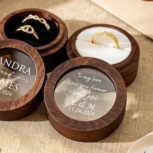 Gepersonaliseerde houten ringdoos, op maat gegraveerde trouwringhouder, ronde ringdoos met doorzichtig acryldeksel, doos verlovingsvoorstel, bruidscadeau
