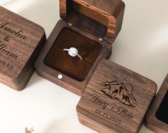 パーソナライズされた木製結婚指輪ボックス、カスタム刻印入り婚約プロポーズホルダー、彼女へのブライダルギフト、刻印入りリングボックス、彼へのギフト