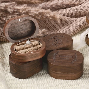 Custom Wooden Wedding Ceremony Ring Box, Personalized Engraved Engagement Ring Box, Oval Walnut Ring Box, Anniversary, Double Slot Ring Box