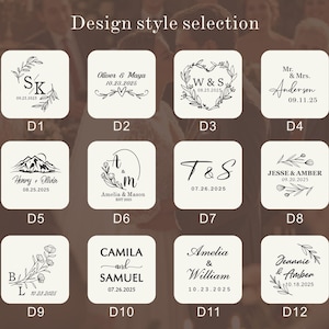 May include: A grid of twelve square white tiles labelled D1 through D12, each featuring black ink designs including floral wreaths, mountain silhouettes, and personalised text with names and dates such as Oliver & Maya, 10.23.2025, and Mr. & Mrs. Anderson.