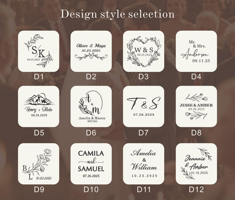 May include: A grid of twelve square white tiles labelled D1 through D12, each featuring black ink designs including floral wreaths, mountain silhouettes, and personalised text with names and dates such as Oliver & Maya, 10.23.2025, and Mr. & Mrs. Anderson.
