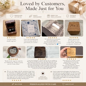 May include: A promotional graphic featuring customer reviews and photos of various wooden ring boxes. The text includes 'Loved by Customers, Made Just for You' and 'Personalized with Care'. Several square and round wooden boxes are shown with custom engravings.