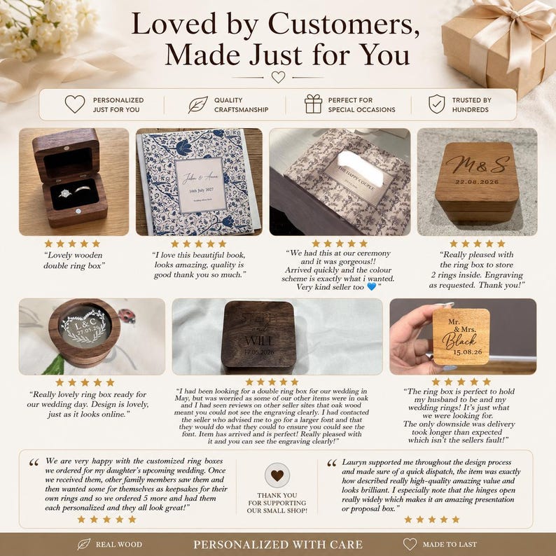 May include: A promotional graphic featuring customer reviews and photos of various wooden ring boxes. The text includes 'Loved by Customers, Made Just for You' and 'Personalized with Care'. Several square and round wooden boxes are shown with custom engravings.