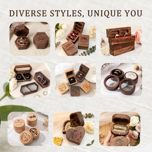 May include: A collection of wooden ring boxes in various shapes including hexagonal, rectangular, circular, and heart-shaped designs. Many boxes feature custom laser-engraved names, dates, and decorative motifs, with some displaying rings inside.