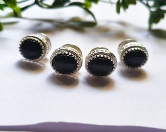 Black Onyx Gemstone German Silver Buttons, Silver Plated Decorative Sewing Buttons, Jewelry Making, Coat, Blazer, Craft Supplies
