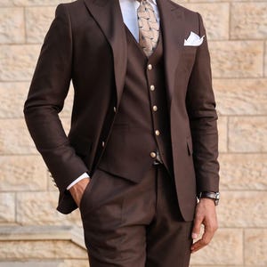 Men Dark Brown 3 Piece Suits, Slim Fit Two Button Wedding Groom Party Wear Coat Pant, Drak Brown Slim Fit suit,Formal Tuxedo, Men Brown Suit