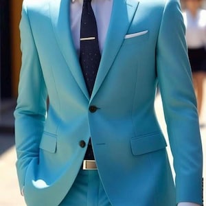 Men Suits 2-Piece Slim Fit 2-Button Wedding Groom Party Wear Coat Pant, Blue suit, Sky Blue Slim Fit Wedding Suit, Sky Blue Suit,Blue Tuxedo