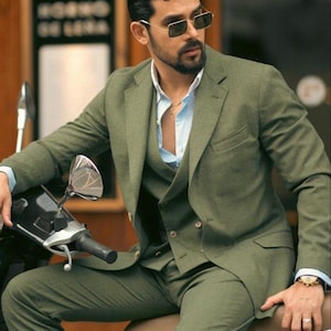 Classic Green Linen Suit, Men Linen Suit, Groomsmen Linen Suit, Summer Linen Suit, 3 Piece Wedding Groom Linen Suit, Linen Suit for Men.