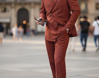 Men's Rust Double-Breasted Suit, Slim Fit Wedding Suit