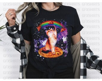 Funny Cat Pizza Shirt for Men Women, Trippy Rainbow Galaxy Cat T-Shirt, Psychedelic Space Kitty Tee, Cat Lover Gift, Unisex Graphic Shirt