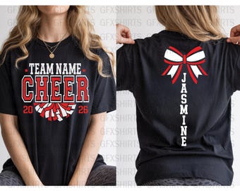 Benutzerdefiniertes Jubel-Hemd | Personalisierte Team Name Cheer T-Shirt | Cheerleader Bogen Shirt | Cheer Squad Spirit Shirt | Spieltag Cheer Bekleidung