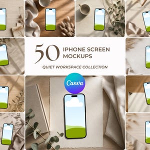 Op de afbeelding: Een collectie van 50 iPhone-schermmock-ups getiteld 50 IPHONE SCREEN MOCKUPS QUIET WORKSPACE COLLECTION met diverse smartphone-displays met een landschapsafbeelding van een blauwe lucht, witte wolken en groene heuvels op een neutrale achtergrond.