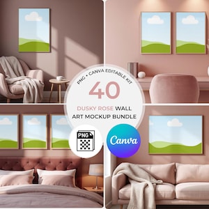 May include: A collection of framed art prints with a landscape design. The prints display a blue sky with a white cloud and green hills. The image includes furniture and decor in a dusky rose colour scheme.